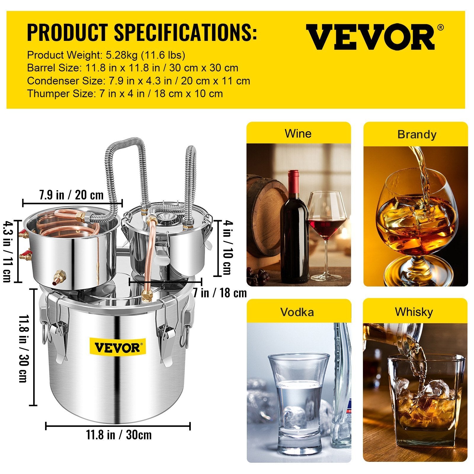 Alcohol Still 5 Gal 19L Water Alcohol Distiller Copper Tube With CirculatingPump Home Brewing Kit Build-in Thermometer For DIY Whisky Wine Brandy, Stainless Steel, 3 Pots