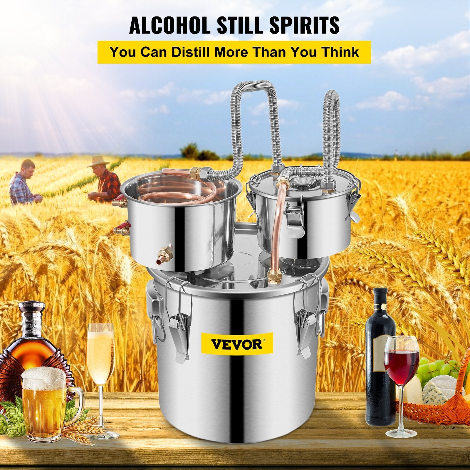 Alcohol Still 5 Gal 19L Water Alcohol Distiller Copper Tube With CirculatingPump Home Brewing Kit Build-in Thermometer For DIY Whisky Wine Brandy, Stainless Steel, 3 Pots
