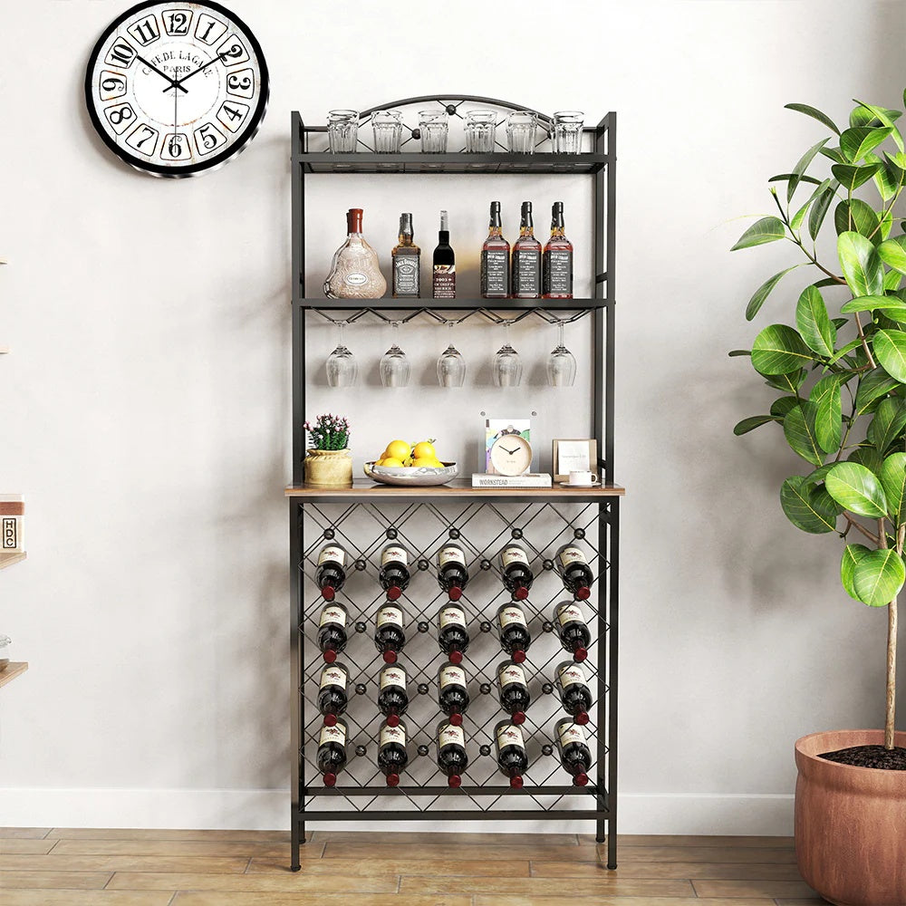 Freestanding Floor Wine Rack,Tall Wine Holder Stand With Wine Glass Holder,Storage Shelves